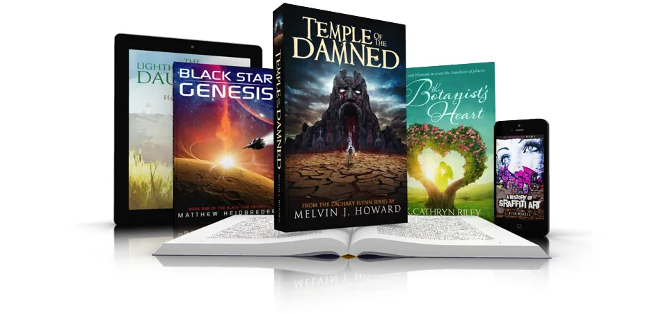 Printed books and a tablet showing covers including Temple of the Damned and Black Star Genesis
