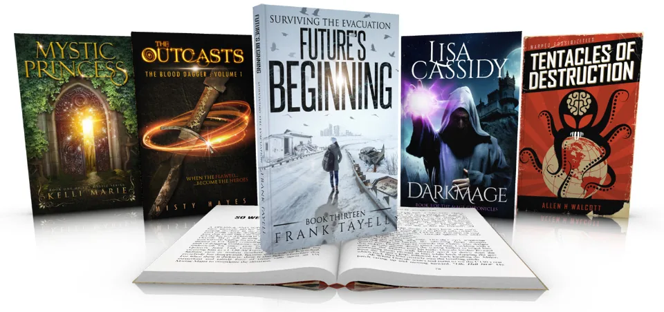 A row of printed books standing upright, including Outcasts and Future’s Beginning